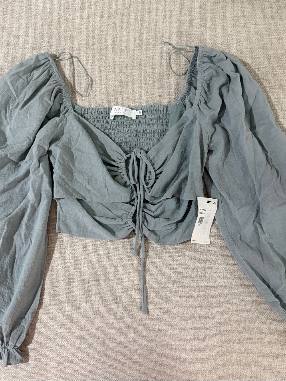 Astr Sage Green Ruched Tie-Front Peasant Top
